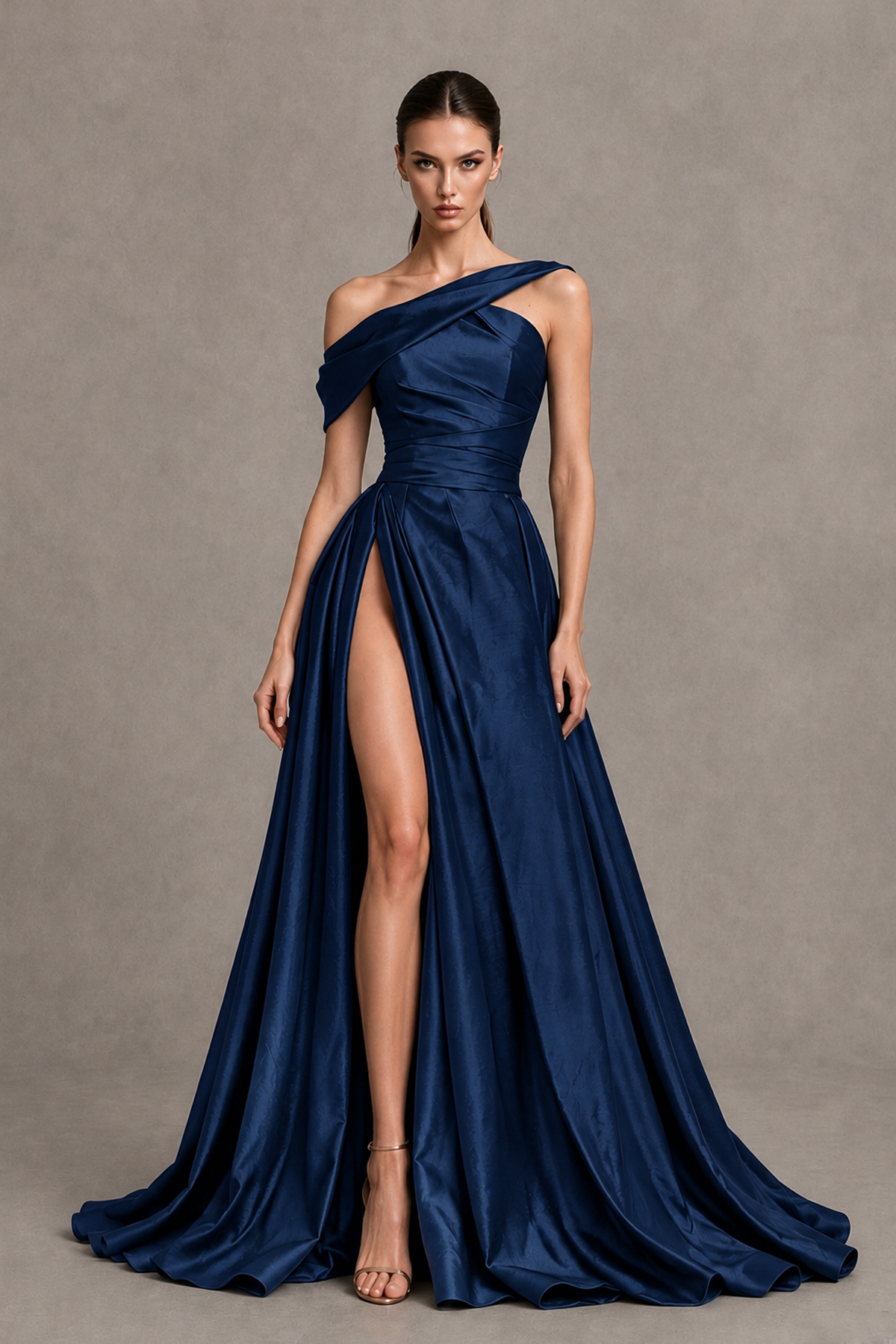 BOLODOO Navy Blue Asymmetric Satin-Look A-Line Prom Dress with High Slit - Navy Blue - Navy Blue_4