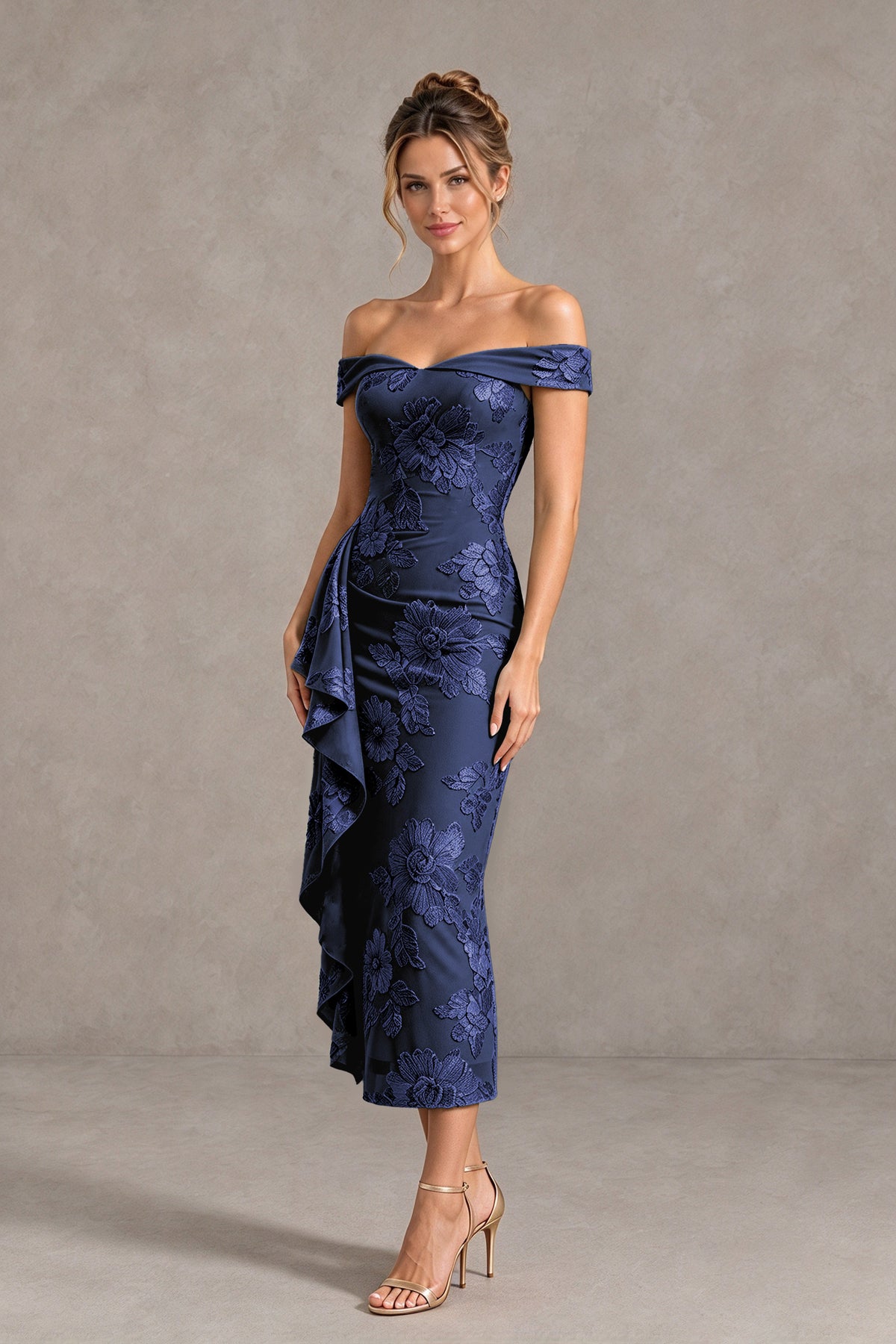 BOLODOO Navy Blue Off Shoulder Floral Jacquard Midi Dress - Navy Blue - Navy Blue(4)