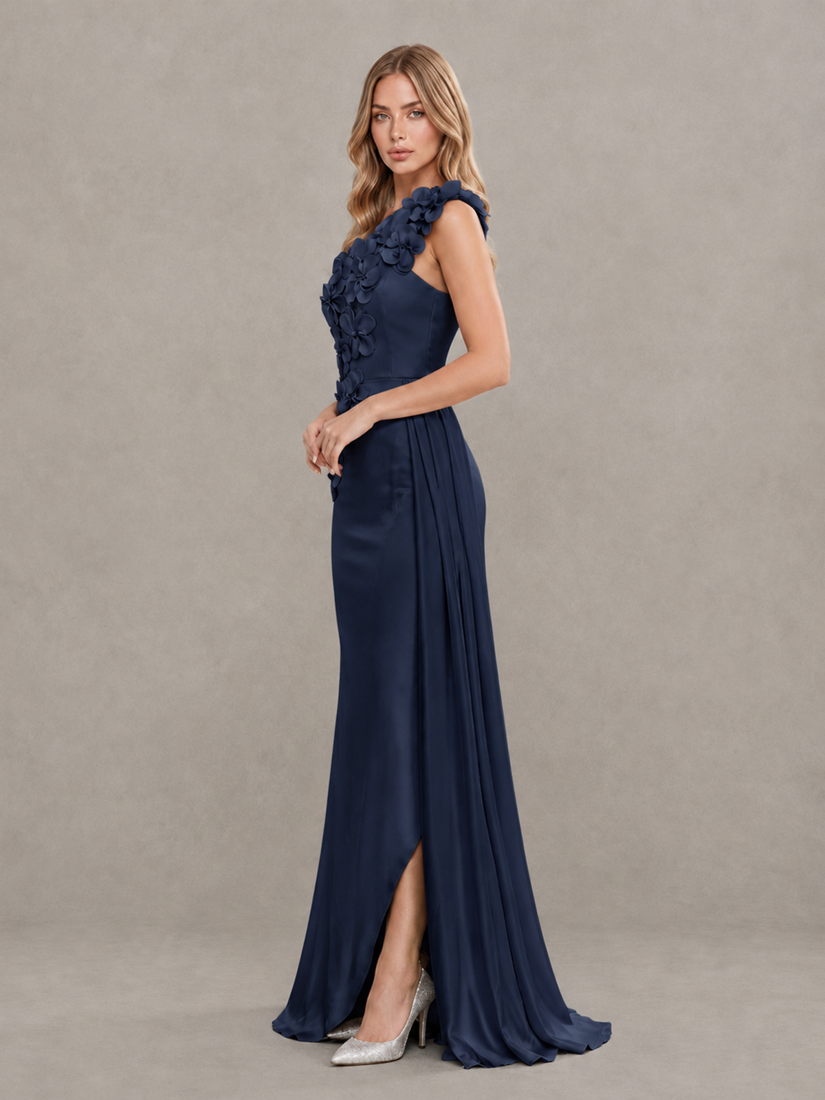 BOLODOO Navy Blue One-Shoulder Satin Mermaid Evening Gown with 3D Floral Appliqué - Navy Blue - Navy Blue_4