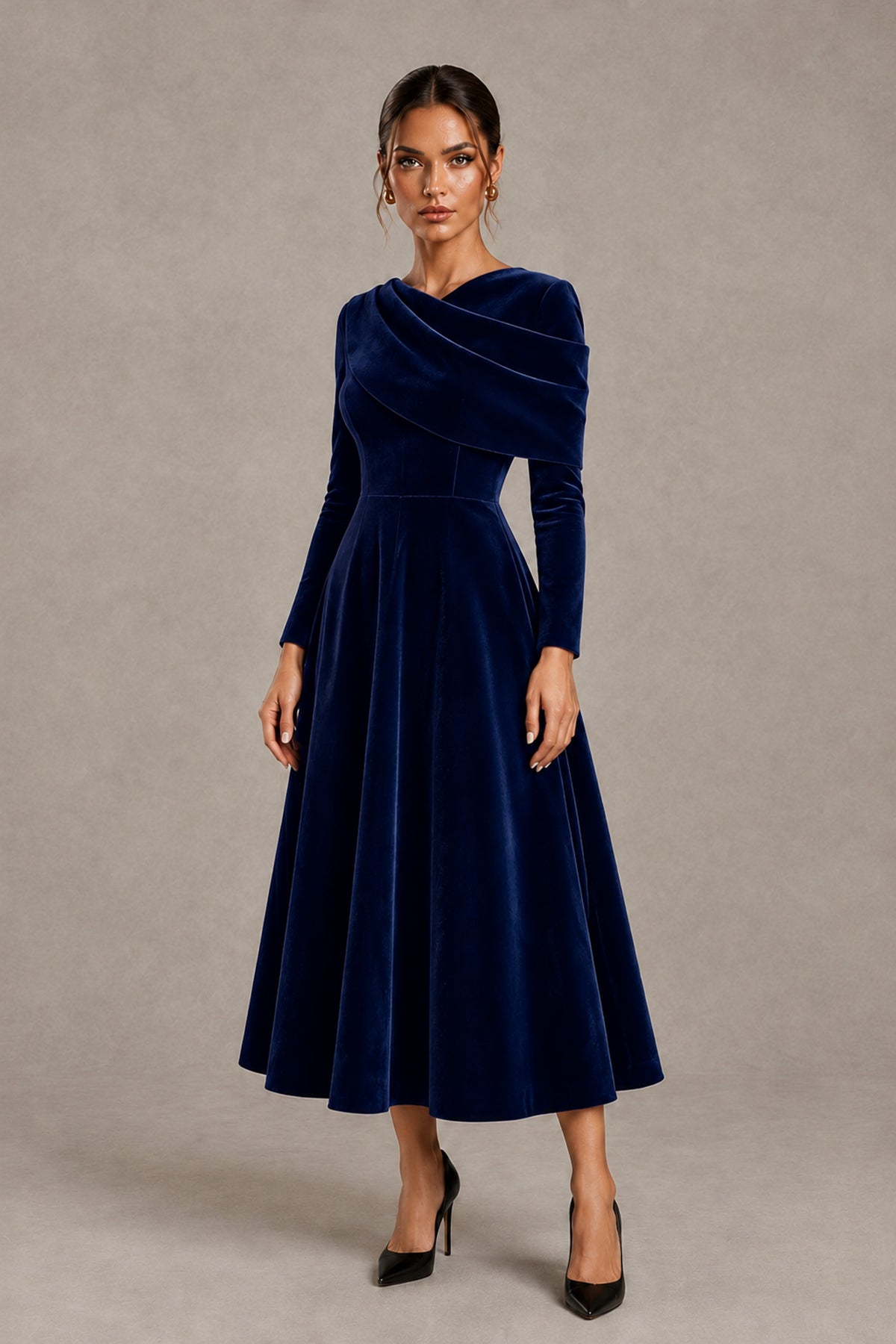 BOLODOO Navy Blue Velvet-Look Long Sleeve Tea-Length A-Line Dress with Draped Neckline - Navy Blue - Navy Blue_4