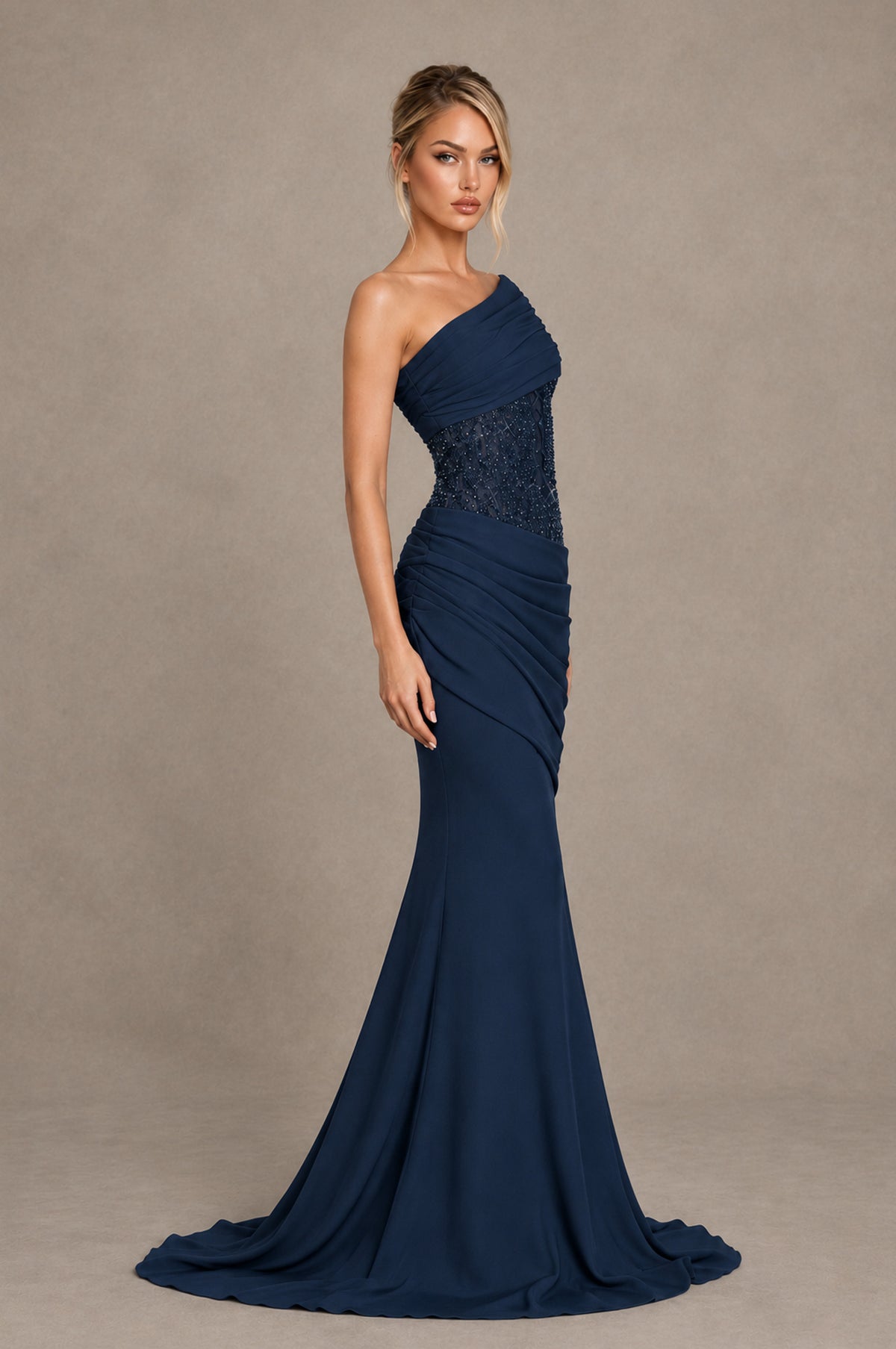 BOLODOO Navy Blue One-Shoulder Sequin Embroidered Ruched Mermaid Gown with Train - Navy Blue - Navy Blue_4