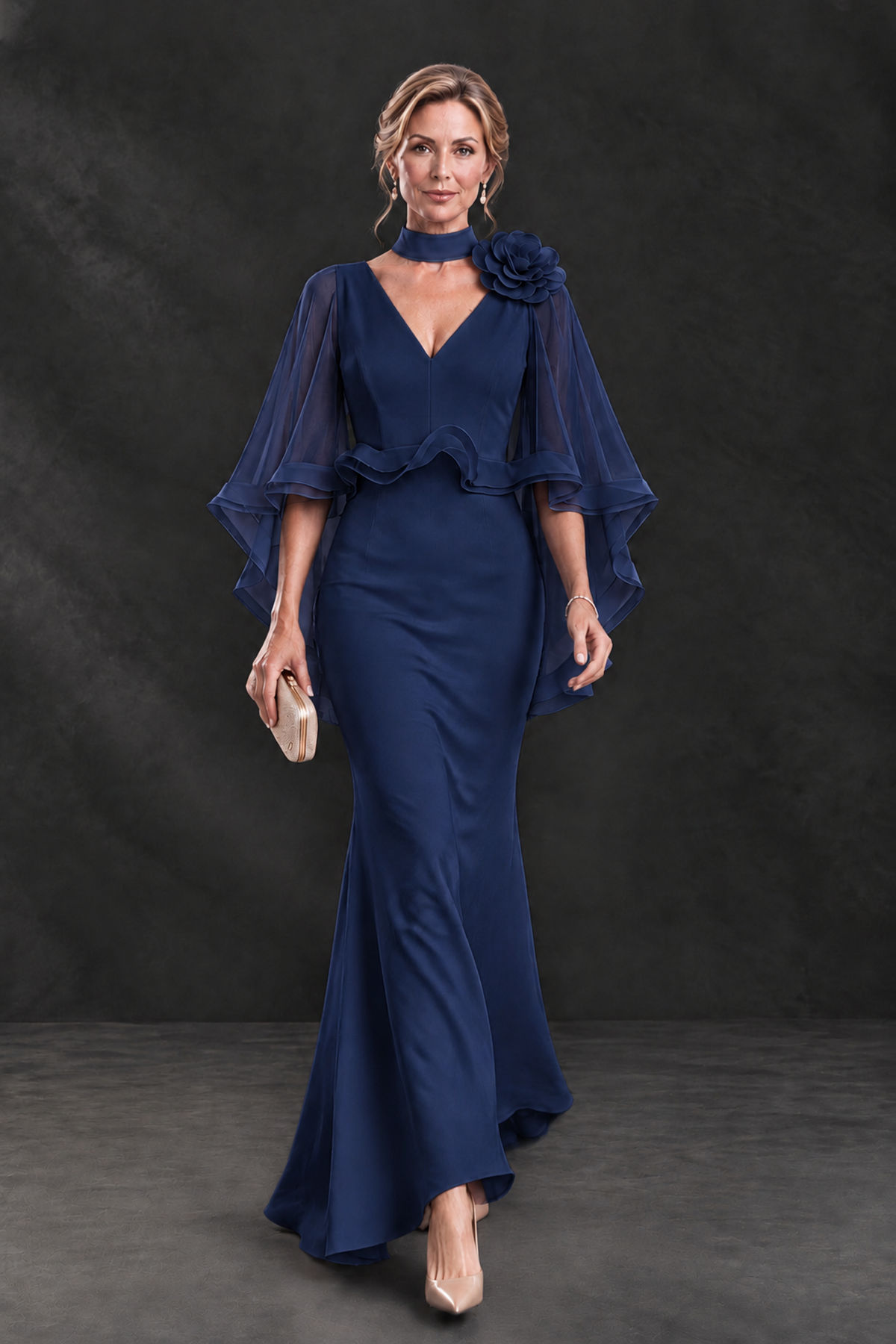 BOLODOO Navy Blue Floral Cape Sleeve Mother of the Bride Dress - Navy Blue - Navy_Blue_4