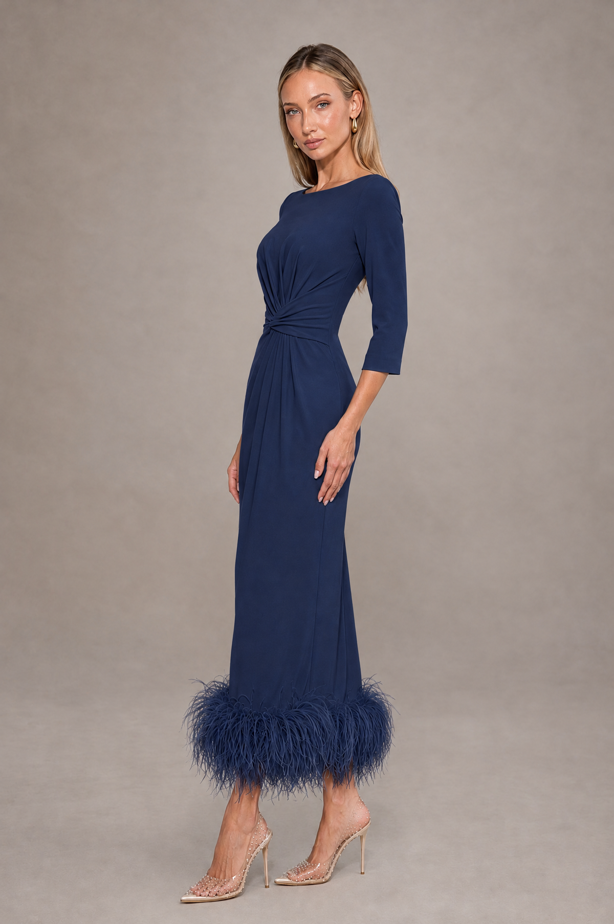 BOLODOO Navy Blue Feather-Trim Twist-Waist Midi Dress - Navy Blue - Navy_Blue_4