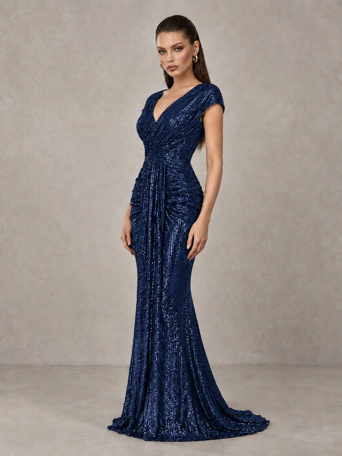 BOLODOO Navy Blue Glitter V-Neck Cap Sleeve Ruched Mermaid Evening Gown - Navy Blue - Navy Blue_4