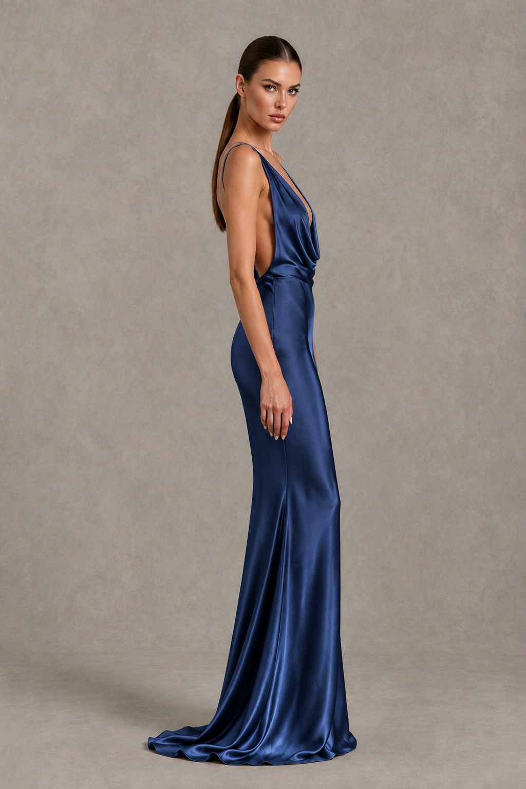 BOLODOO Navy Blue Cowl Neck Backless Satin Mermaid Evening Dress - Navy Blue - Navy Blue_4