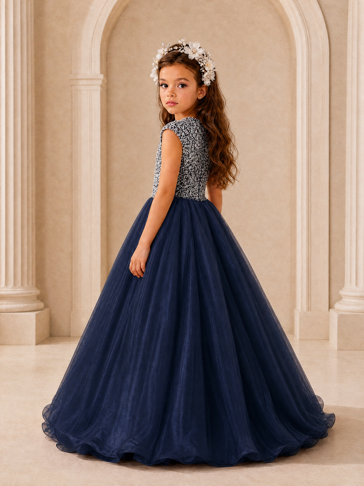 BOLODOO Navy Blue Sequin Tulle Flower Girl Dress with Cap Sleeves - Navy Blue - Navy Blue_4
