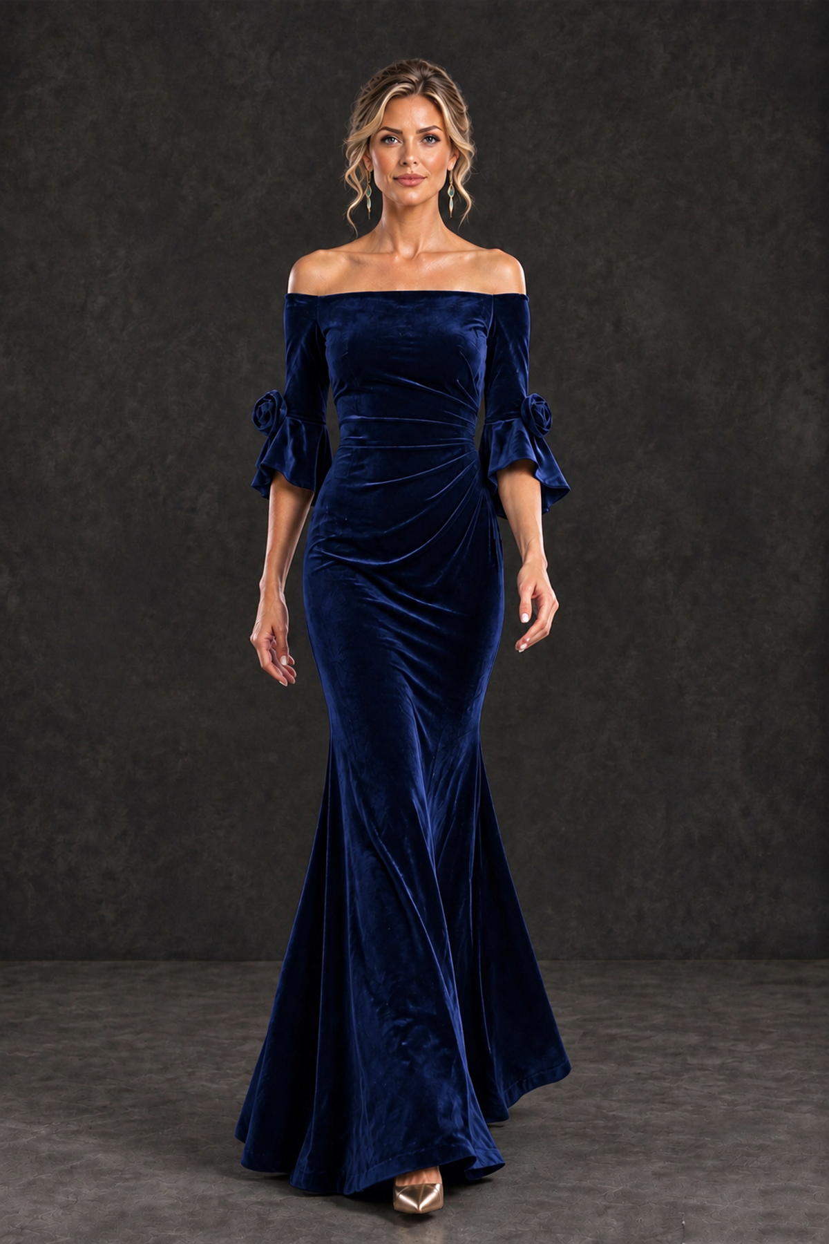 BOLODOO Navy Blue Velvet Off-Shoulder Mother of the Bride Dress – 3/4 Floral Cuff Sleeve Mermaid Evening Gown - Navy Blue - Navy Blue_4