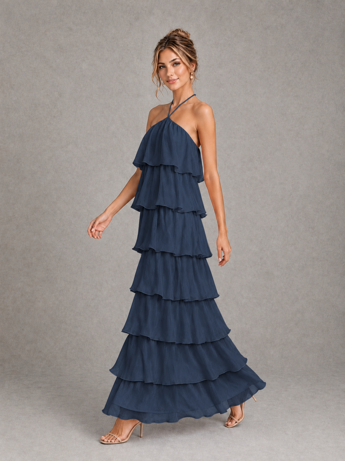 BOLODOO Navy Blue Halter Tiered Ruffle Maxi Bridesmaid Dress - Navy Blue - Navy Blue_4
