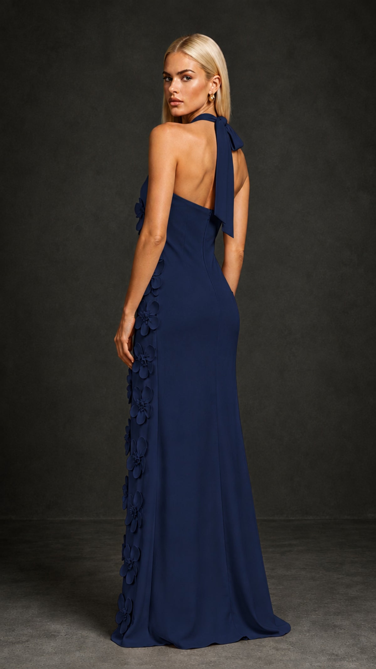 BOLODOO Navy Blue Cross Halter Neck 3D Floral Appliqué Backless Mermaid Maxi Gown - Navy Blue