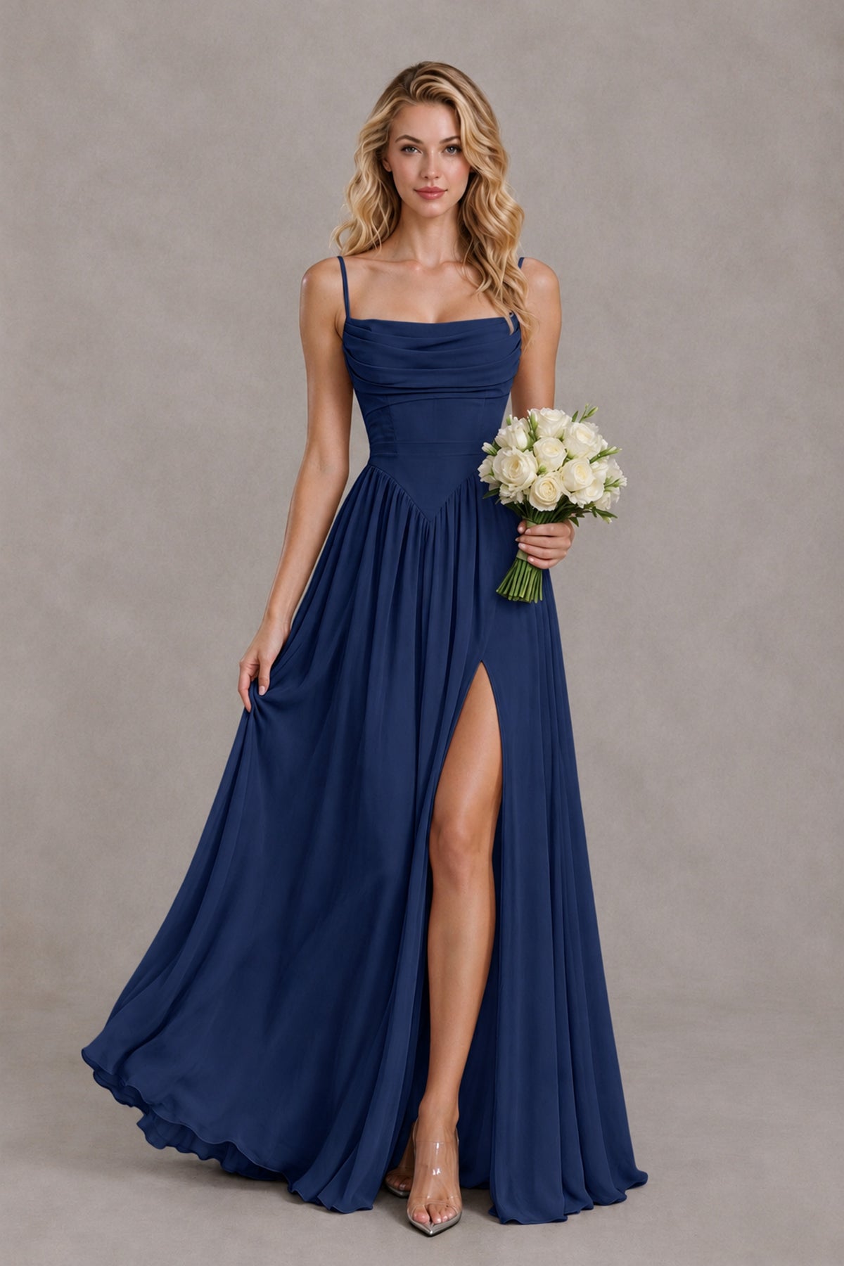BOLODOO Navy Blue Spaghetti Strap A-Line Bridesmaid Dress with Slit - Navy Blue - Navy Blue_4