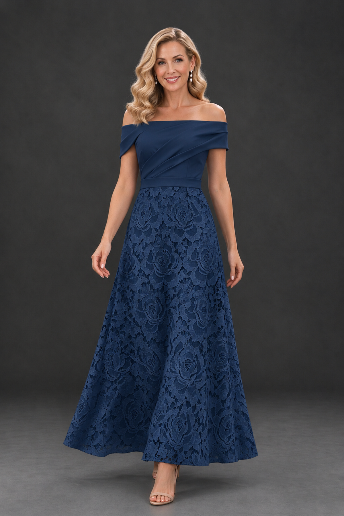 BOLODOO Navy Blue Off-the-Shoulder Floral A-Line Mother of the Bride Dress - Navy Blue - Navy Blue_4