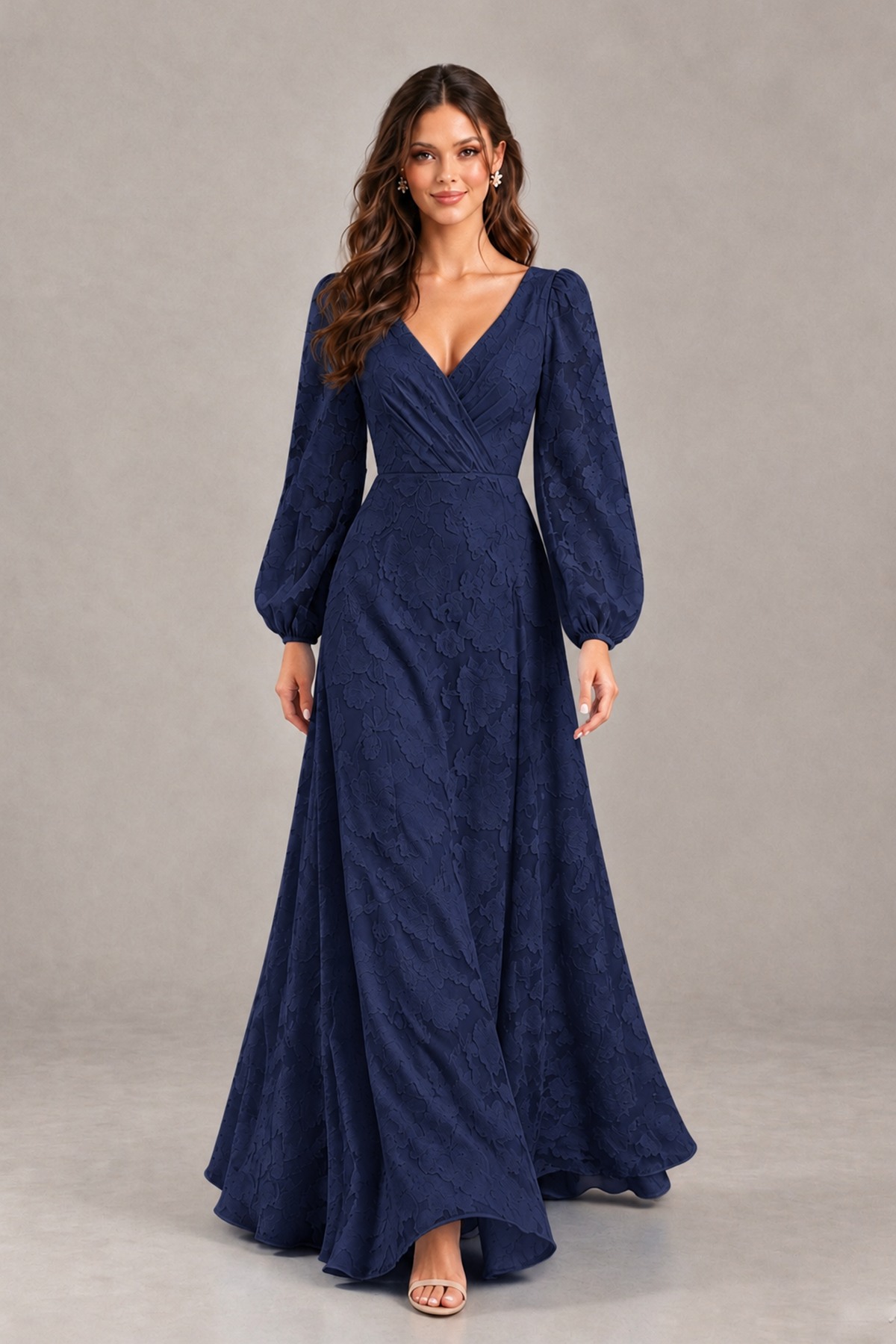 BOLODOO Navy Blue Long Sleeve V-Neck A-Line Mother of the Bride Dress - Navy Blue - Navy Blue_4