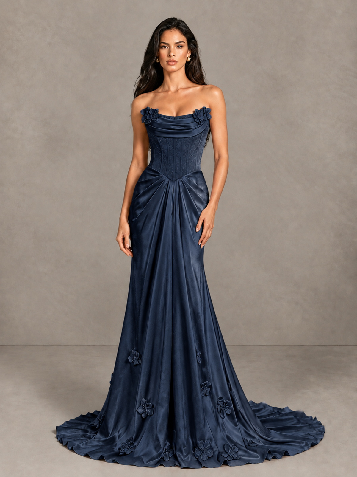 BOLODOO Navy Blue Strapless Floral Corset Evening Gown with Train - Navy Blue - Navy Blue_4