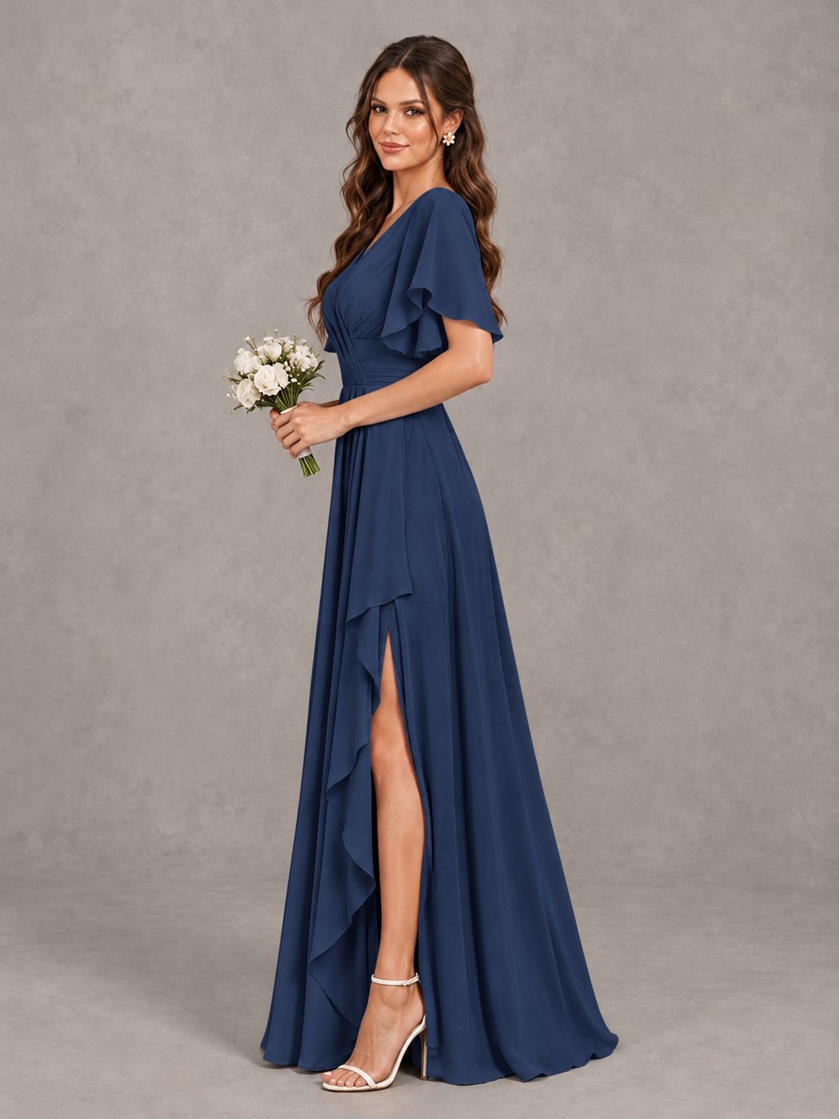 BOLODOO Navy Blue Flutter Sleeve V-Neck Bridesmaid Dress with Ruffle Slit - Navy Blue - Navy Blue_4