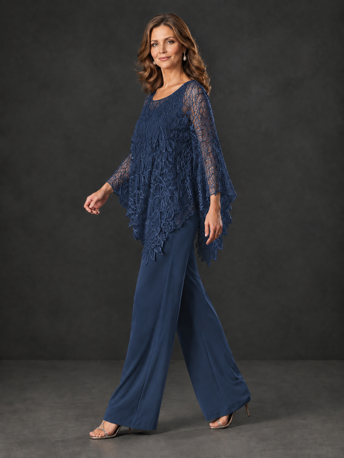 BOLODOO Navy Blue Lace Overlay Wide-Leg Pantsuit for Mothers of the Bride - Navy Blue