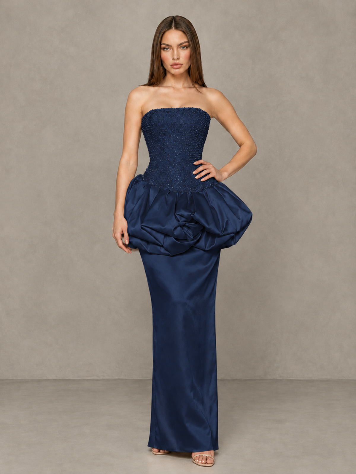BOLODOO Navy Blue Strapless Embellished Bubble Peplum Evening Dress - Navy Blue - Navy Blue_4