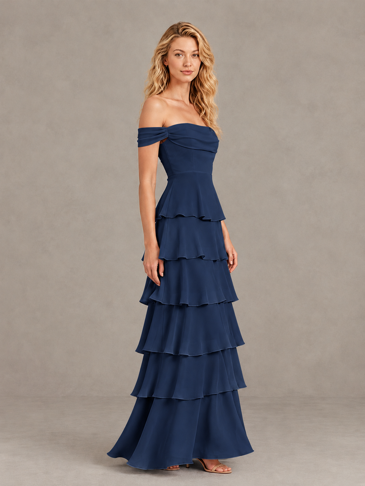 BOLODOO Navy Blue Off-Shoulder Tiered Ruffle Bridesmaid Dress with Lace-Up Back - Navy Blue - Navy Blue_4