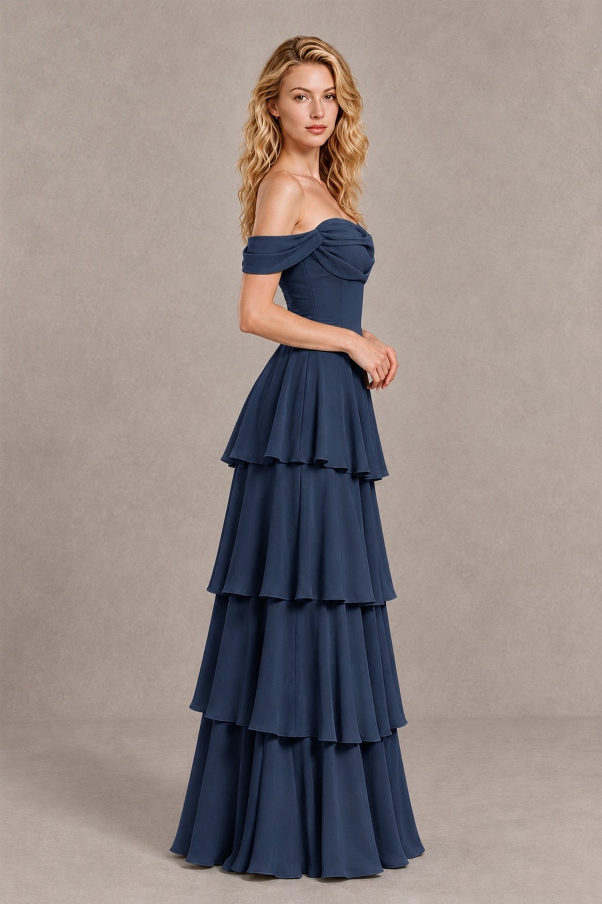 BOLODOO Navy Blue Off-the-Shoulder Tiered A-Line Evening Bridesmaid Dress - Navy Blue - Navy Blue_4