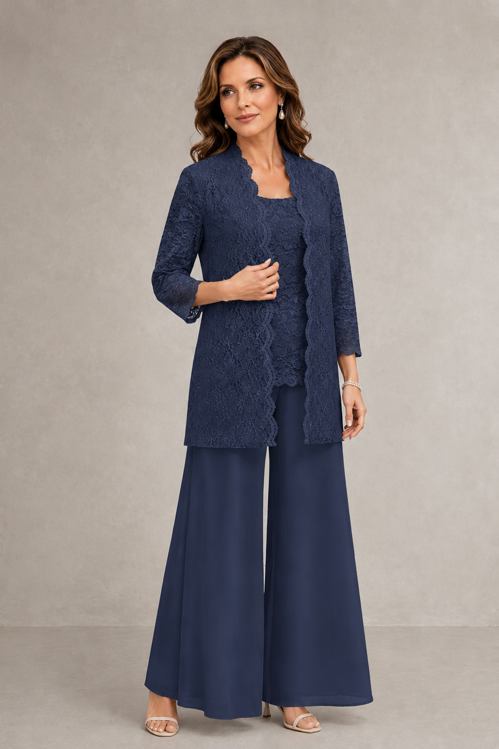 BOLODOO Navy Blue 3-Piece Lace Chiffon Pantsuit – Mother of the Bride Wedding Guest with Jacket - Navy Blue