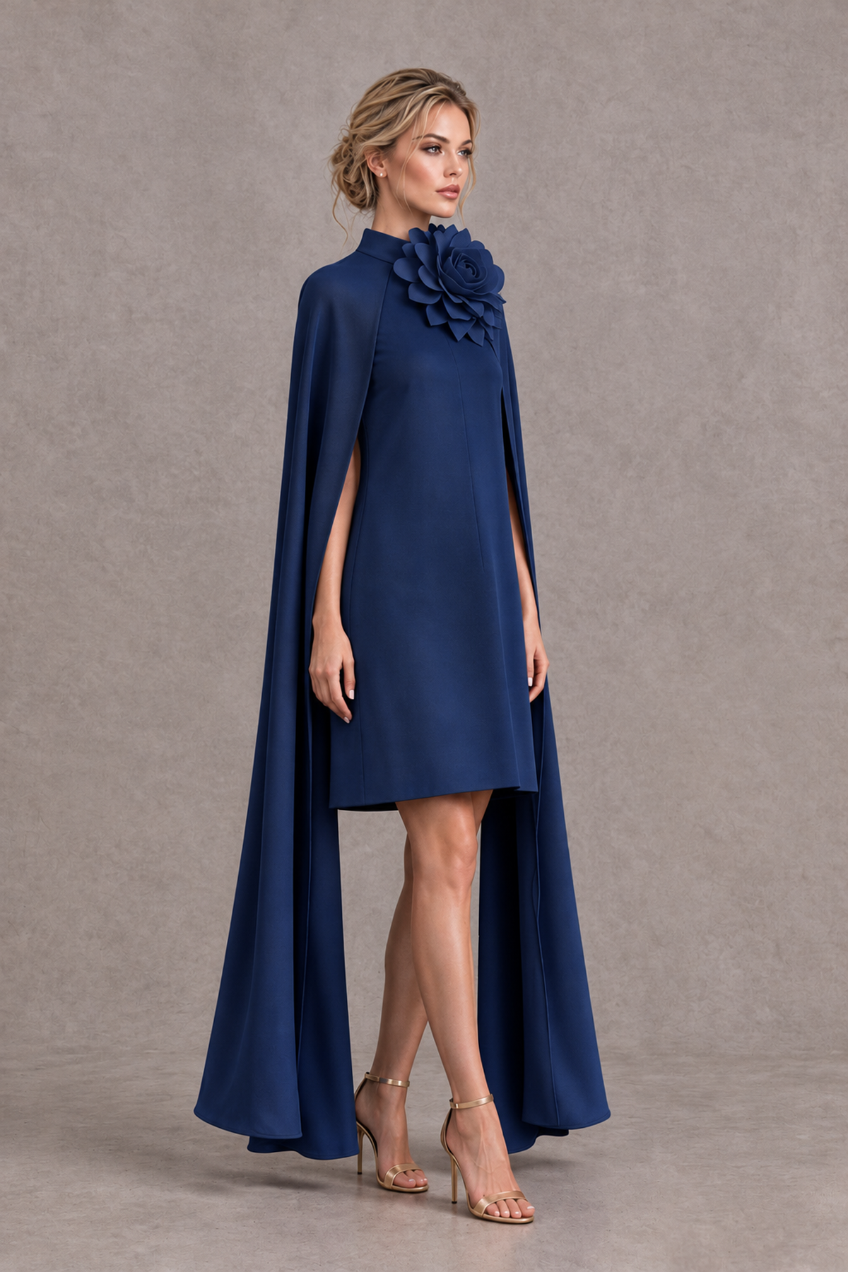 BOLODOO Navy Blue High Neck Floral Cape Mini Cocktail Dress - Navy Blue - Navy Blue_4