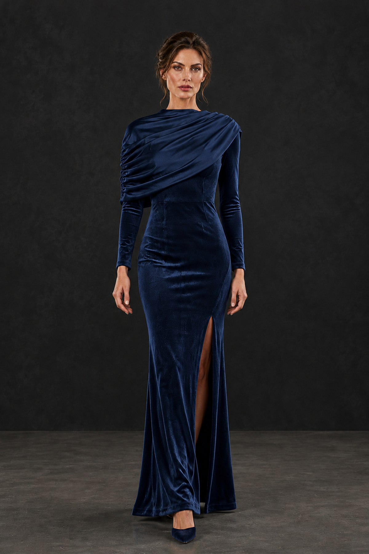 BOLODOO Navy Blue Velvet Long Sleeve Draped Mother of the Bride Dress - Navy Blue - Navy_Blue_4