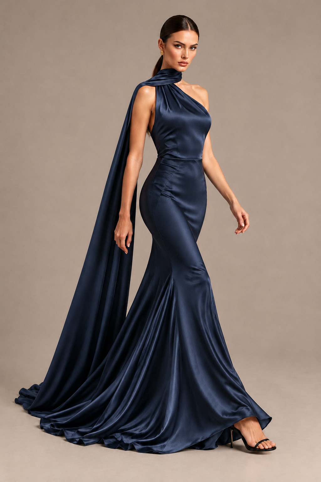 BOLODOO Navy Blue One-Shoulder Satin Mermaid Evening Dress with Scarf - Navy Blue - Navy Blue_4