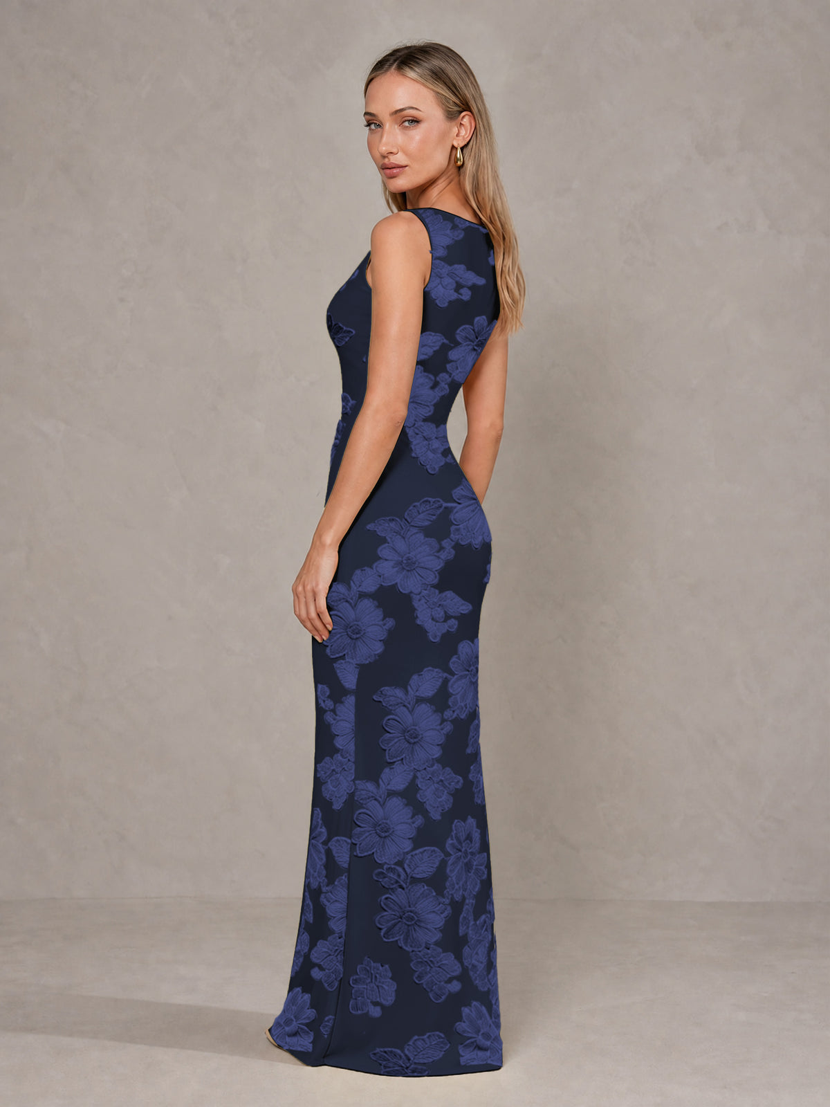 BOLODOO Navy Blue Floral Sleeveless Maxi Wedding Guest Dress - Navy Blue - Navy Blue(4)
