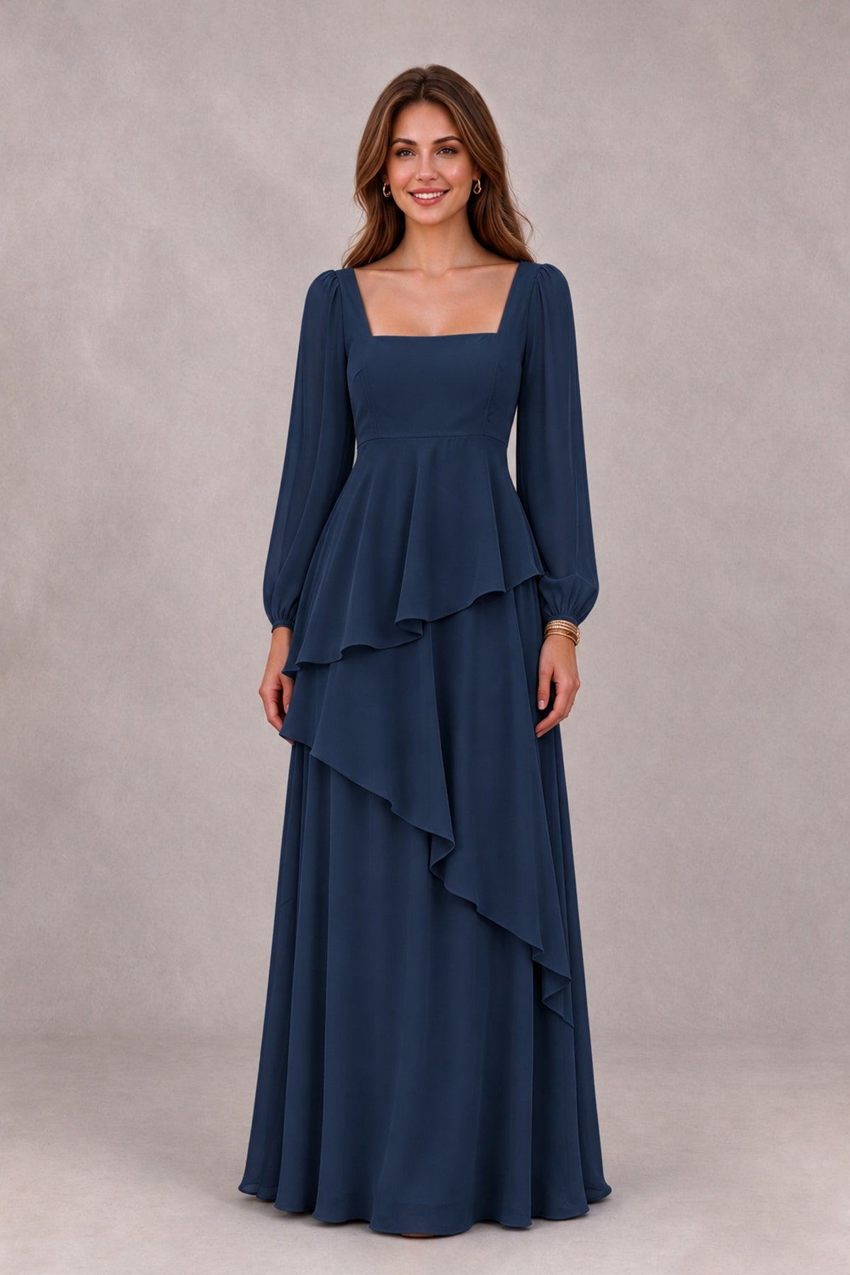 BOLODOO Navy Blue Long Sleeve Ruffle Bridesmaid Dresses - Navy Blue - Navy Blue_4