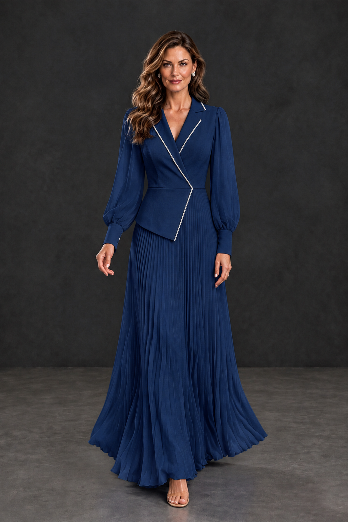 BOLODOO Navy Blue Long Sleeve Pleated Mother of the Bride Dress - Navy Blue - Navy Blue_4
