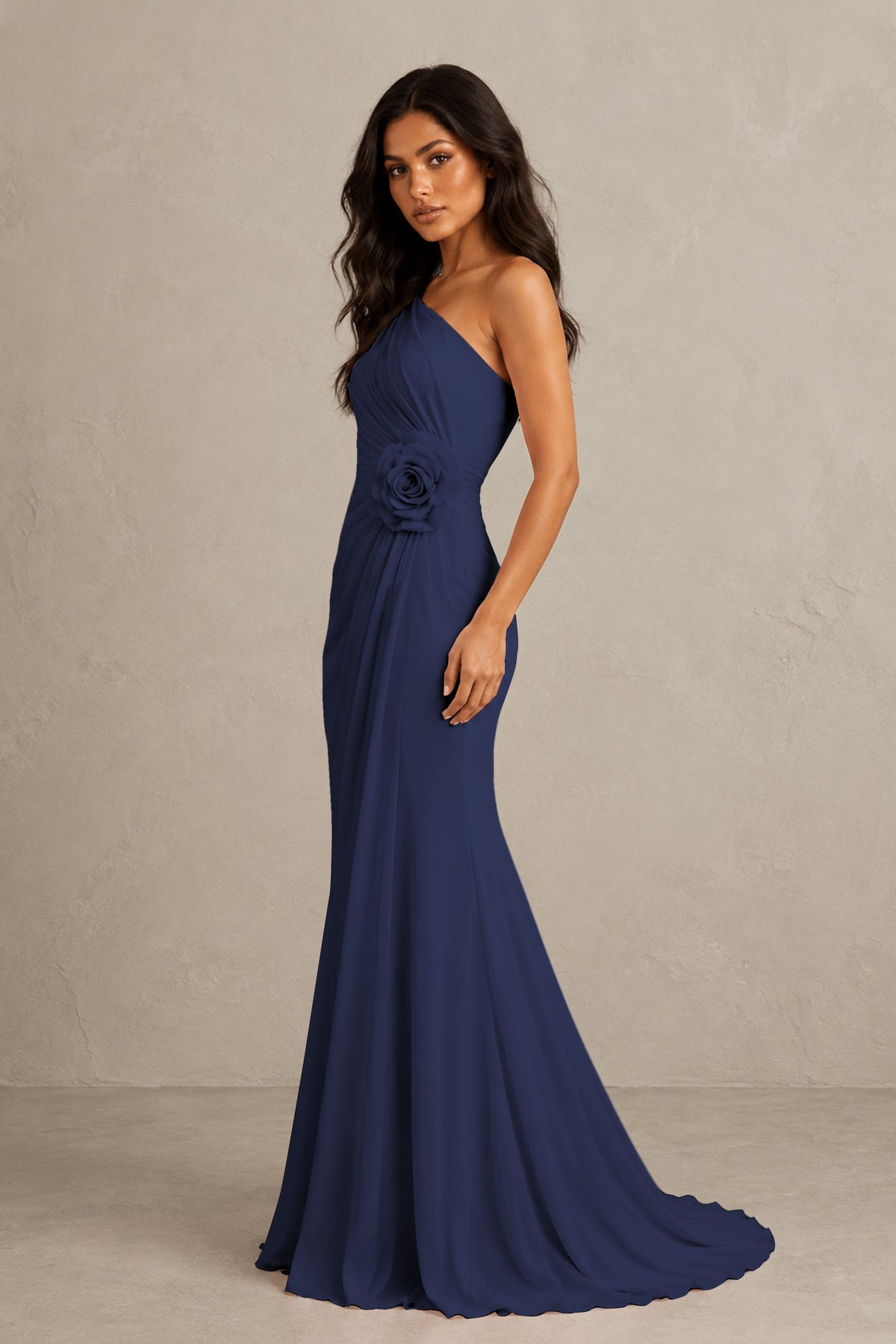 BOLODOO Navy Blue One-Shoulder Floral Ruched Maxi Dress - Navy Blue
