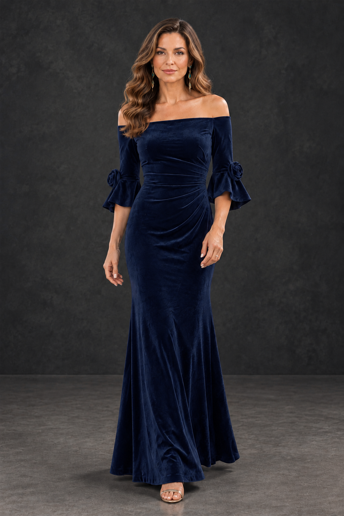 BOLODOO Navy Blue Velvet Mother of the Bride Dress with Rosette Sleeves - Navy Blue - Navy_Blue_4