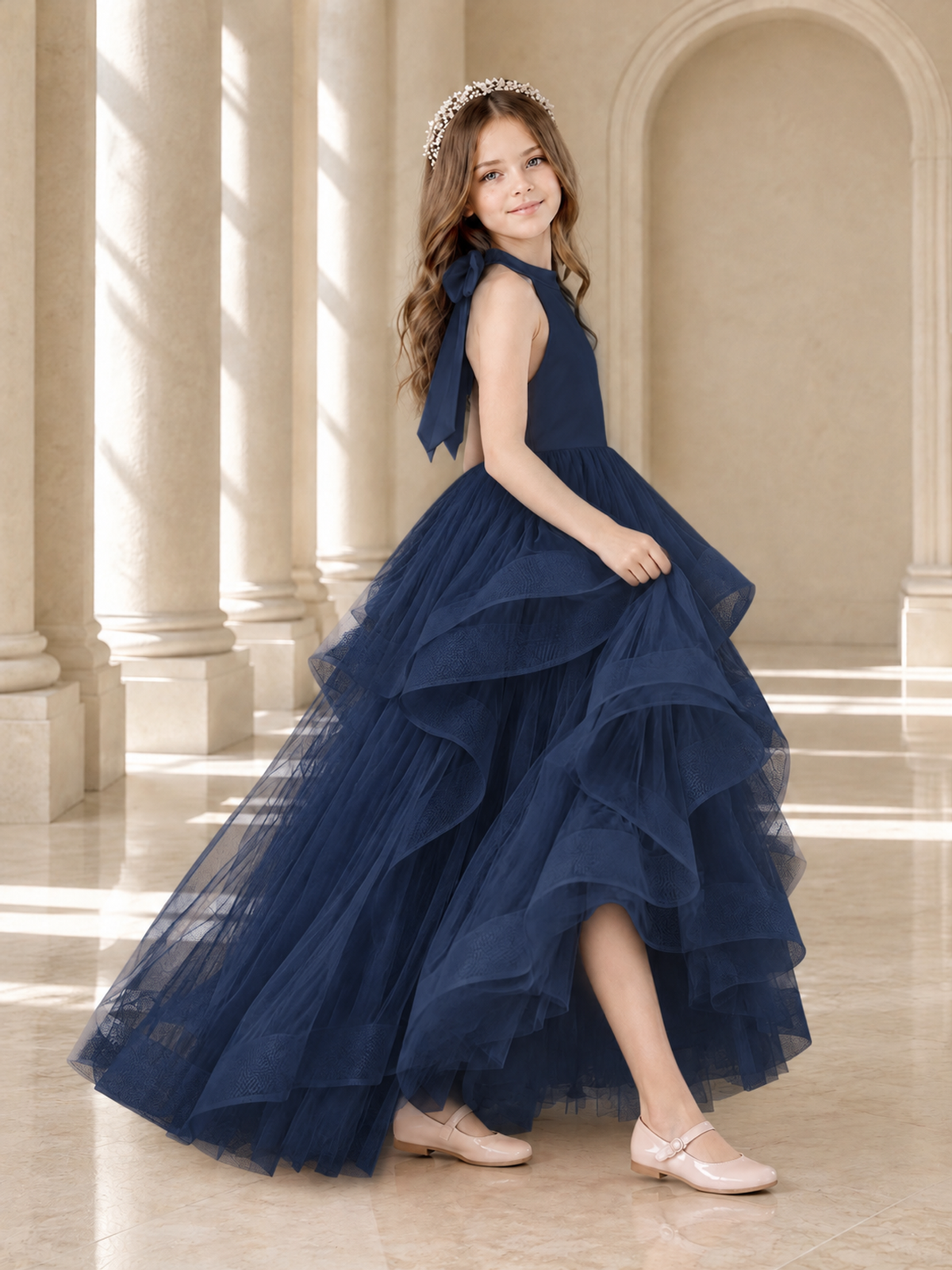 BOLODOO Navy Blue Halter Tiered Tulle Flower Girl Dress with Bow Back - Navy Blue - Navy Blue_4
