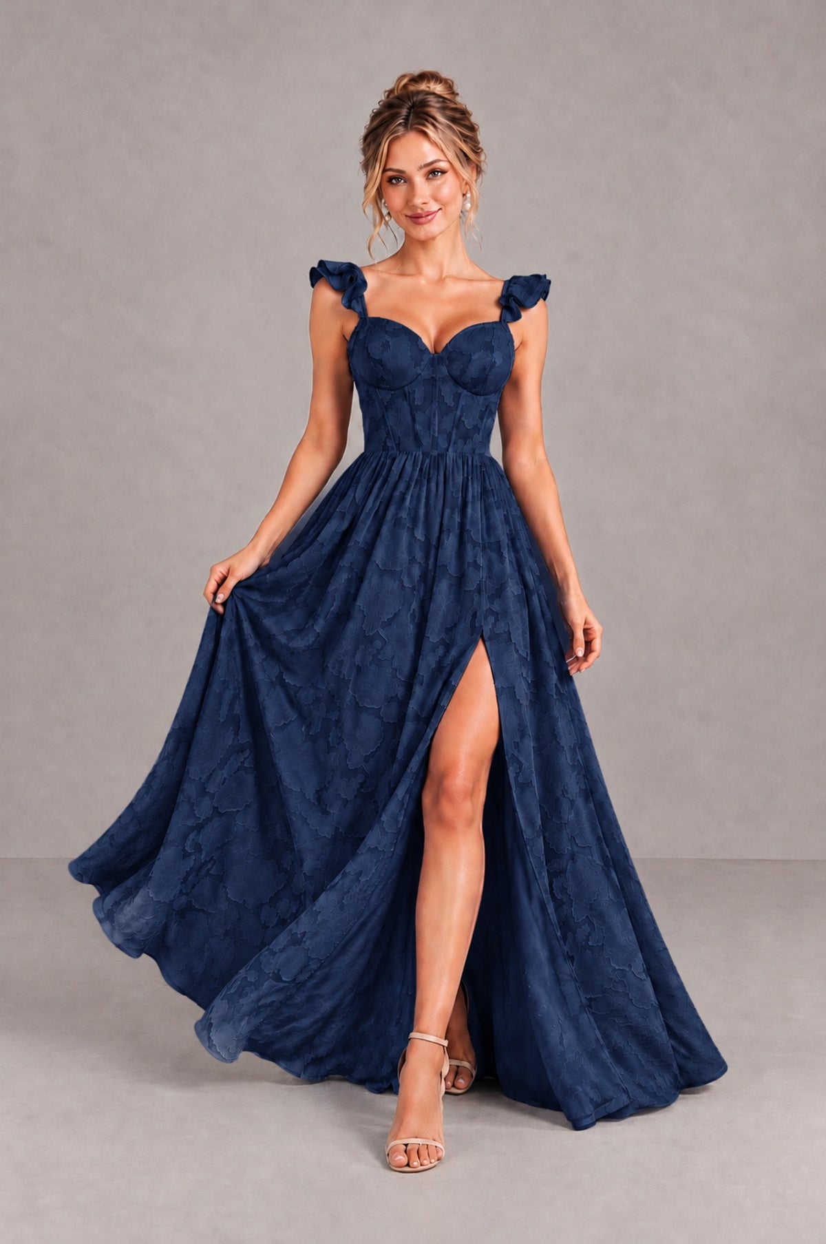 BOLODOO Navy Blue Floral A-Line Bridesmaid Dress with Slit Ruffle Straps Maxi Gown - Navy Blue - Navy Blue_4