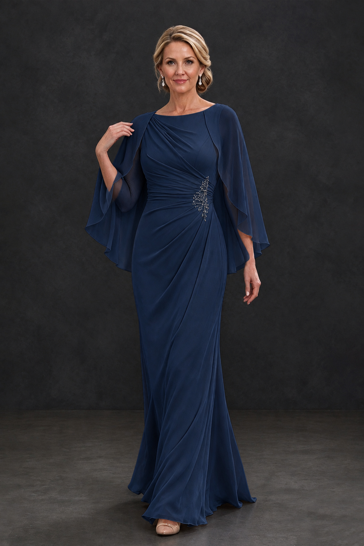 BOLODOO Navy Blue Cape Sleeve Mother of the Bride Dress with Ruched Waist - Navy Blue - Navy Blue_4