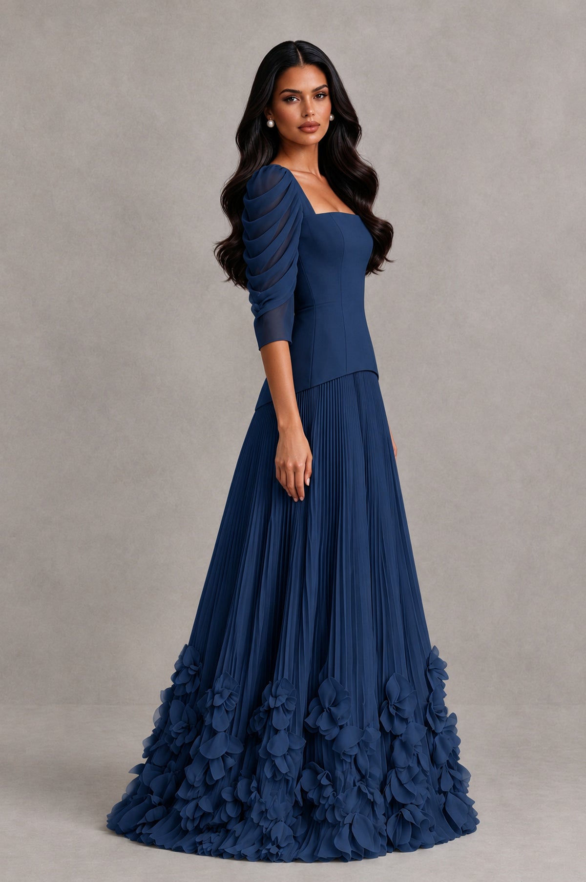BOLODOO Navy Blue Square Neck Pleated Floral Applique Evening Dress - Navy Blue - Navy Blue_4