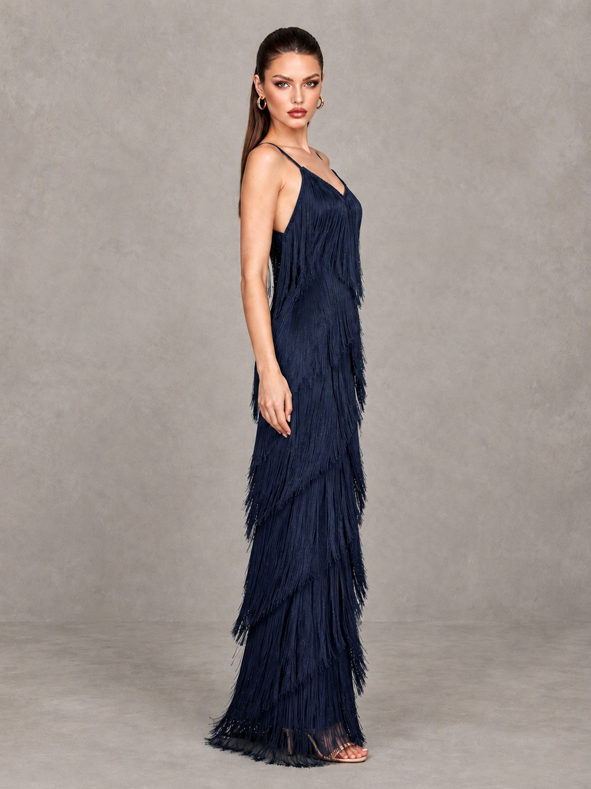 BOLODOO Navy Blue V-Neck Spaghetti Strap Fringe Maxi Evening Dress - Navy Blue - Navy Blue_4