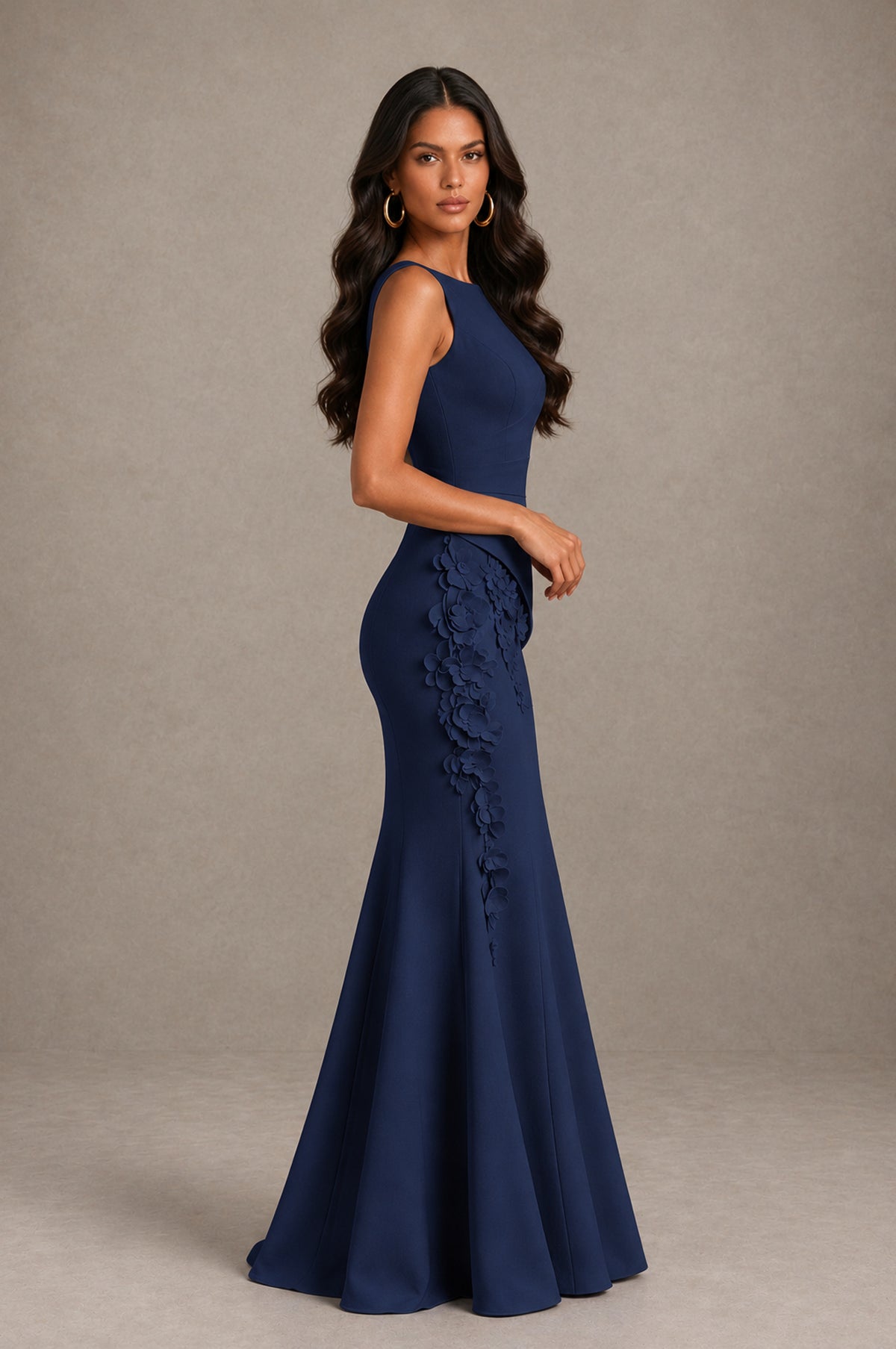 BOLODOO Navy Blue Bateau Neck Sleeveless Asymmetric Peplum 3D Petal Appliqué Mermaid Gown BD0421 - Navy Blue - Navy Blue_4