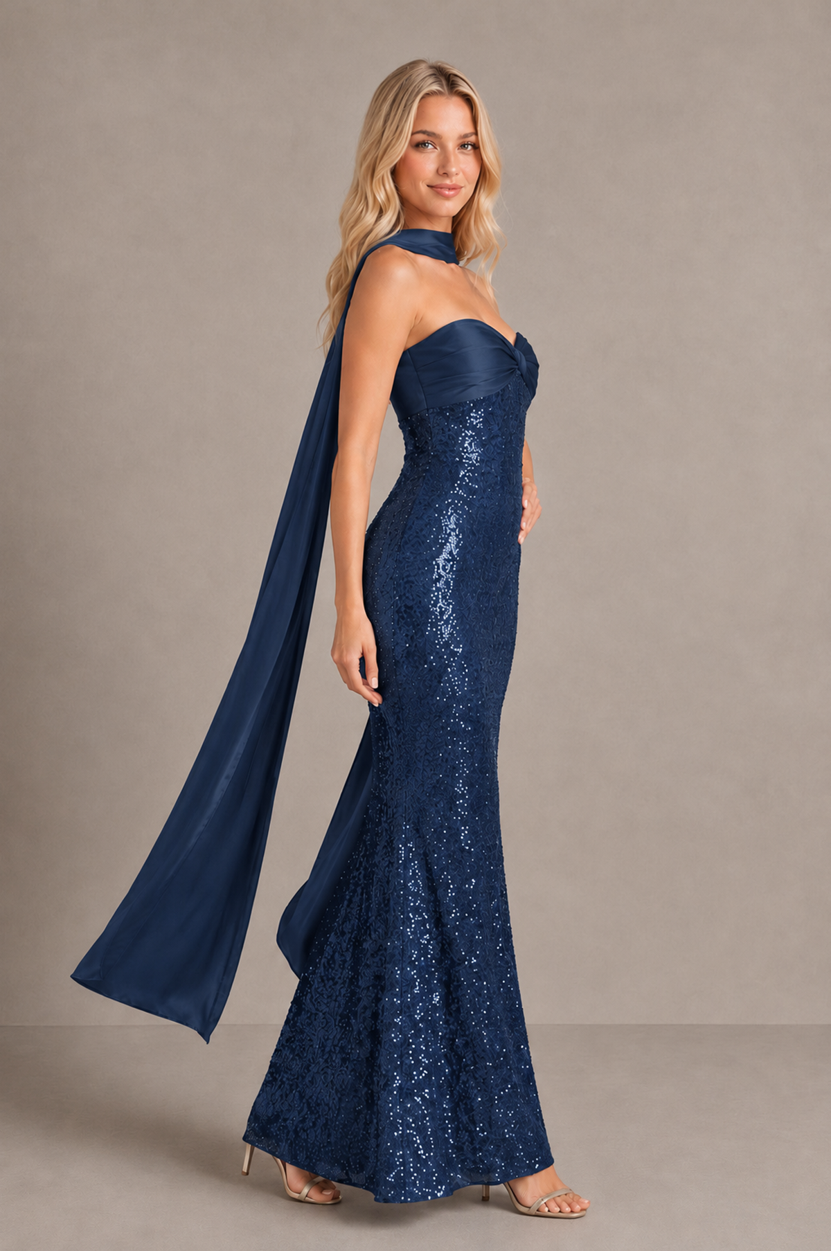 BOLODOO Navy Blue Strapless Sweetheart Evening Dress with Scarf - Navy Blue - Navy_Blue_4