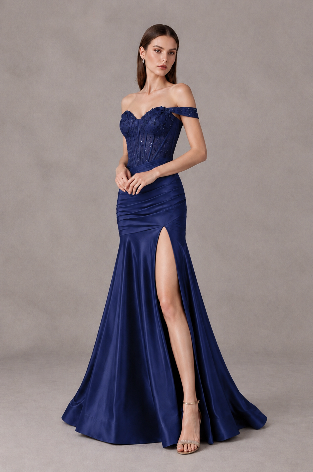 BOLODOO Navy Blue Off-Shoulder Corset Mermaid Prom Dress with Slit Sequin Lace Evening Gown - Navy Blue - Navy Blue_4