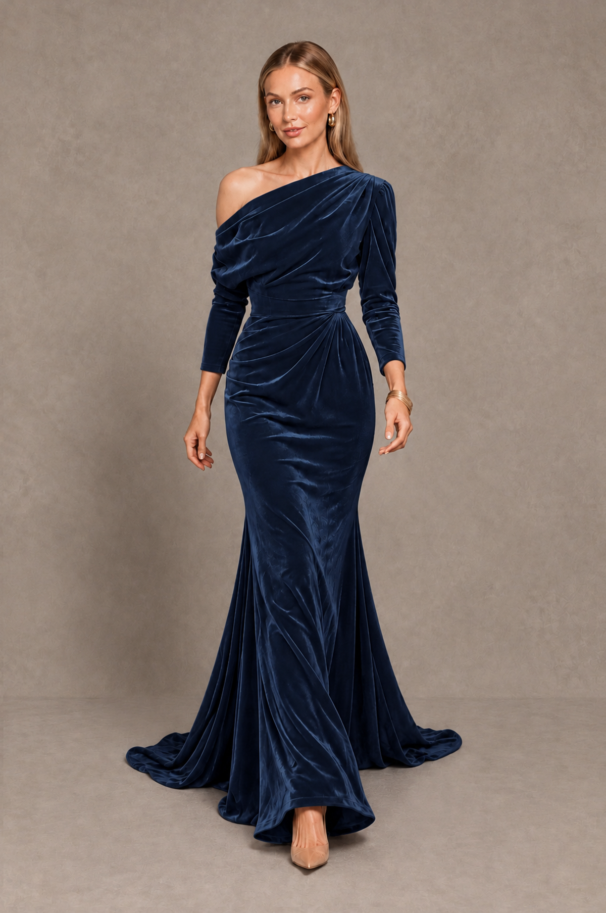 BOLODOO Navy Blue Velvet Asymmetric Neck Mermaid Evening Dress - Navy Blue - Navy_Blue_5