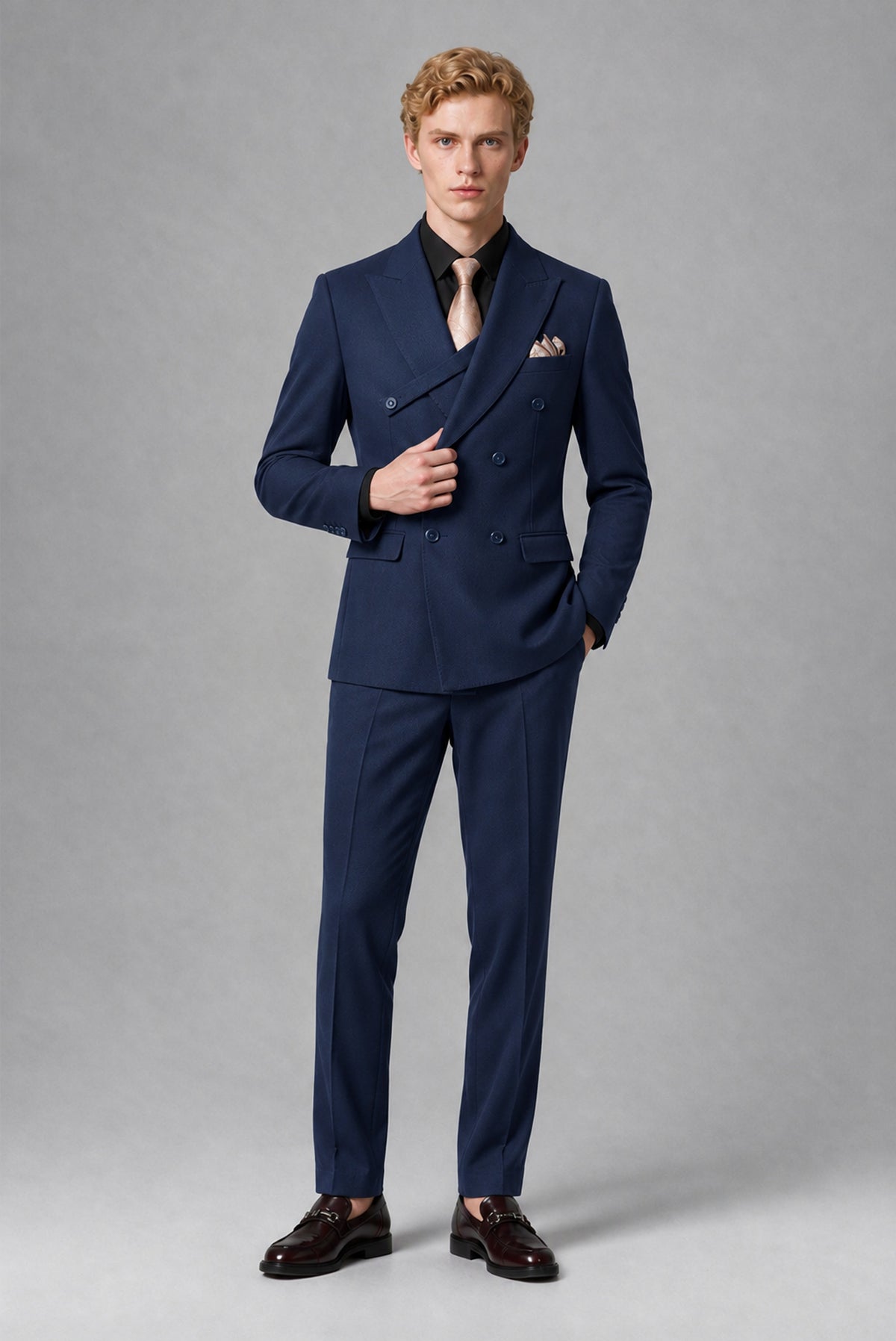 BOLODOO Men's Navy Blue Double-Breasted Two-Piece Suit – Jacket & Trousers - Navy Blue