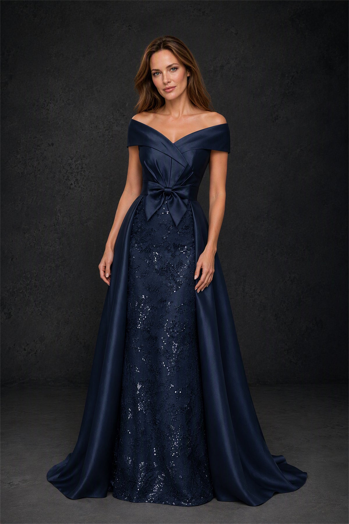 BOLODOO Steel Navy Blue Off-Shoulder Satin Sequin Lace Mermaid Gown with Detachable Overskirt - Navy Blue