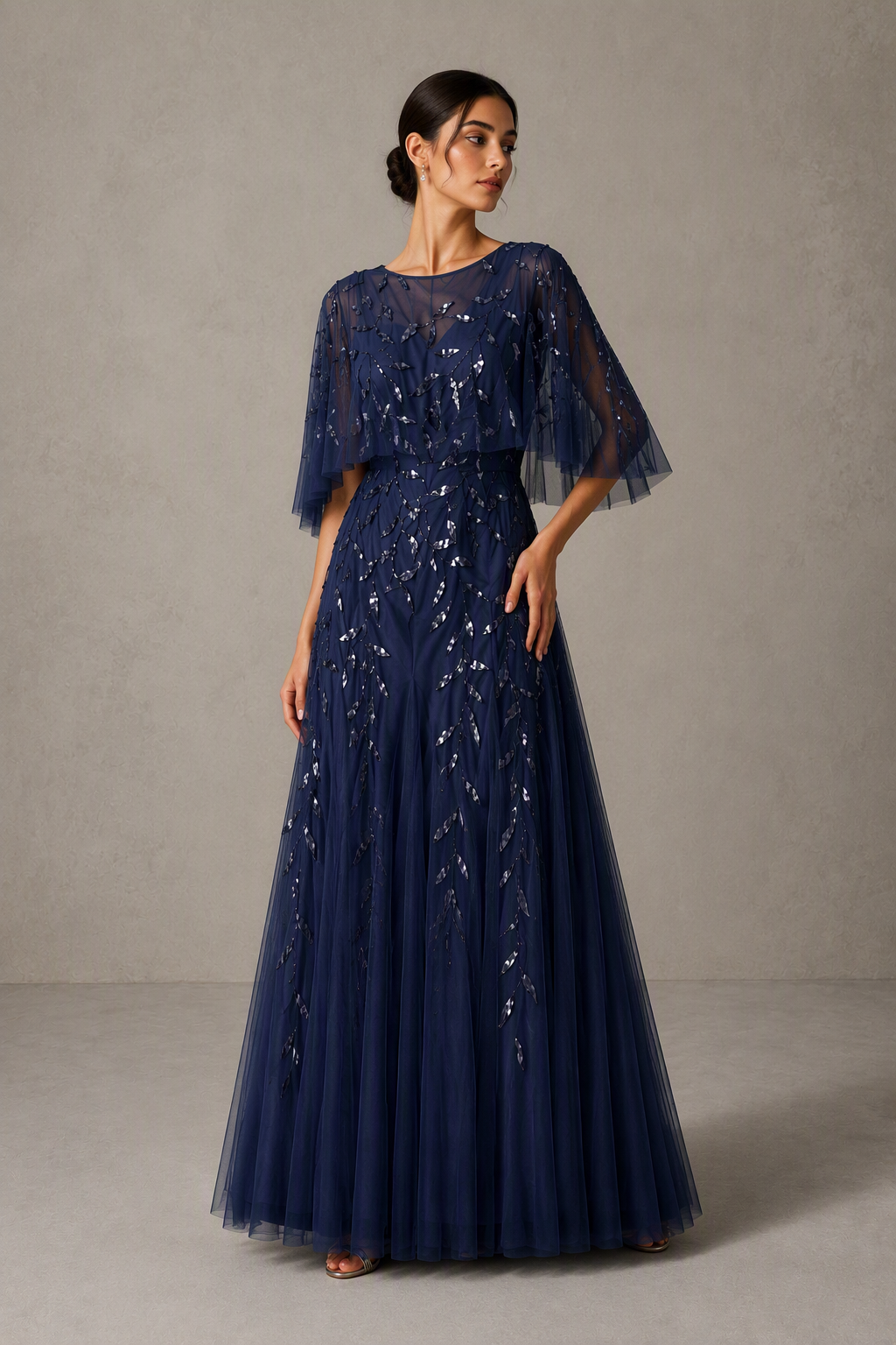 BOLODOO Navy Blue Sequin Leaf Embroidered Flutter Sleeve Maxi Dress – A-Line Floor Length Mother of the Bride Gown - Navy Blue