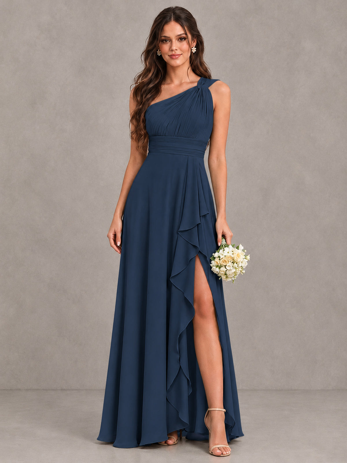 BOLODOO Navy Blue One-Shoulder Ruffle Bridesmaid Dress with Slit - Navy Blue - Navy Blue (1)