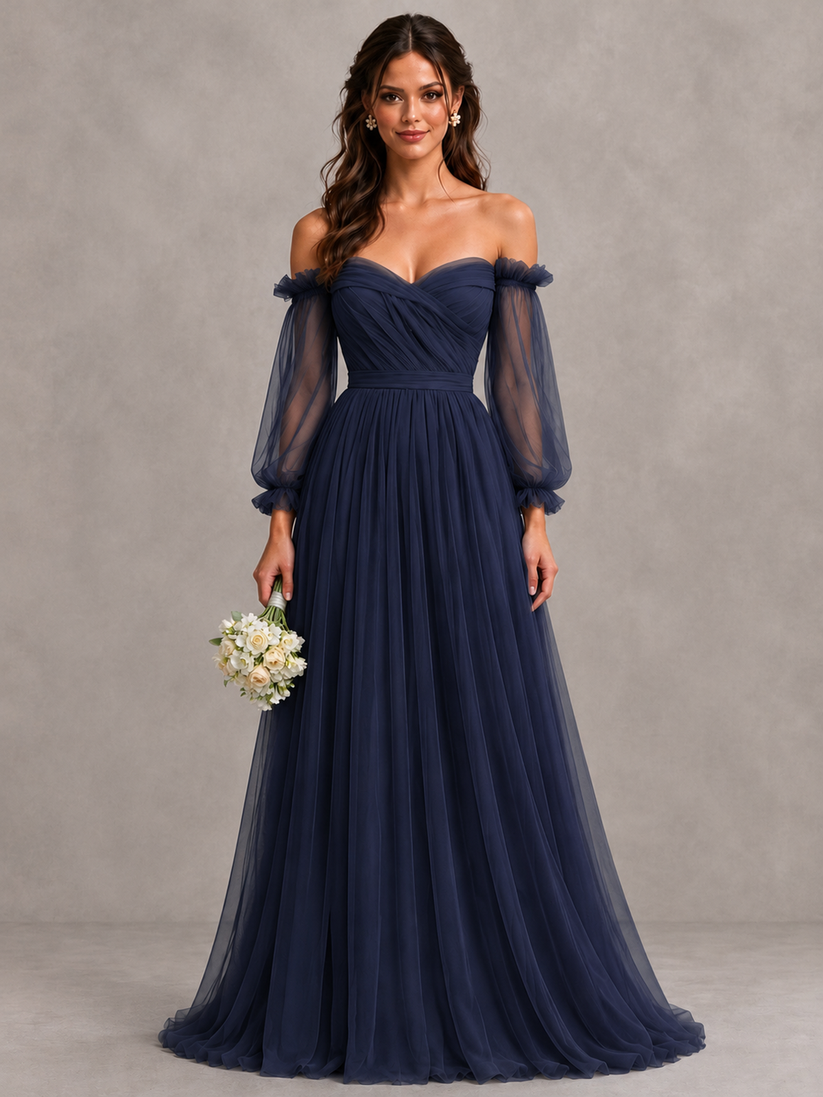 BOLODOO Navy Blue Off-the-Shoulder Long Sleeve A-Line Bridesmaid Dress - Navy Blue - Navy Blue (1)