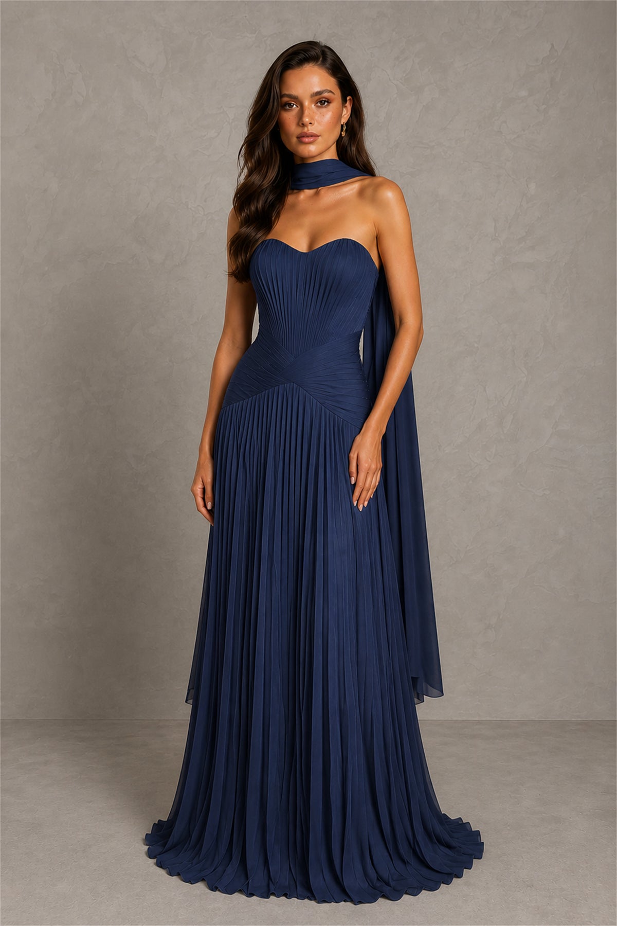 BOLODOO Navy Blue Sweetheart Strapless Neck Scarf Pleated Backless A-Line Chiffon Maxi Dress - Navy Blue