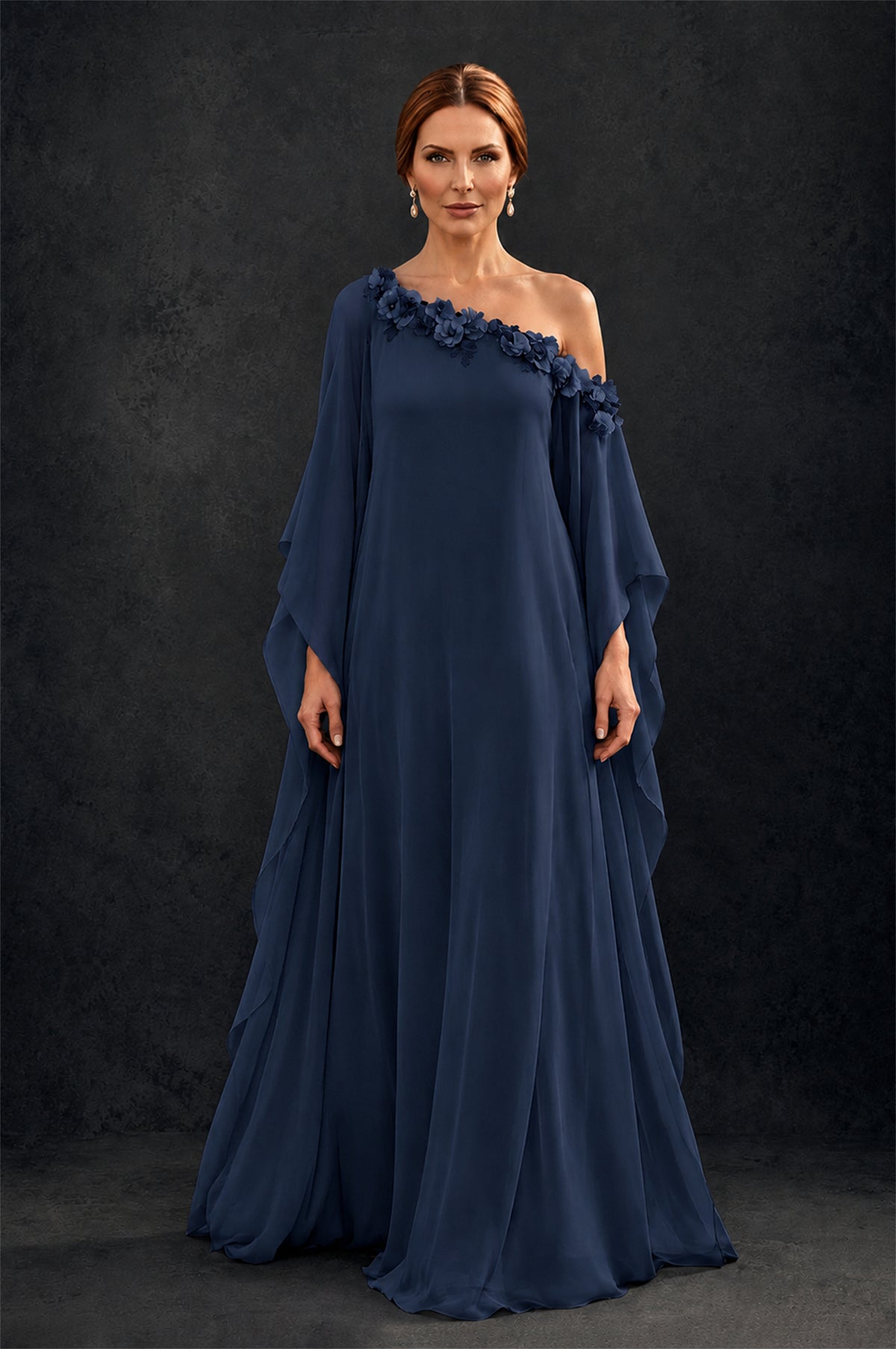 BOLODOO Navy Blue 2-Piece Set: Off-Shoulder 3D Floral Cape Gown & One-Shoulder Wide-Leg Jumpsuit | BD0373 - Navy Blue