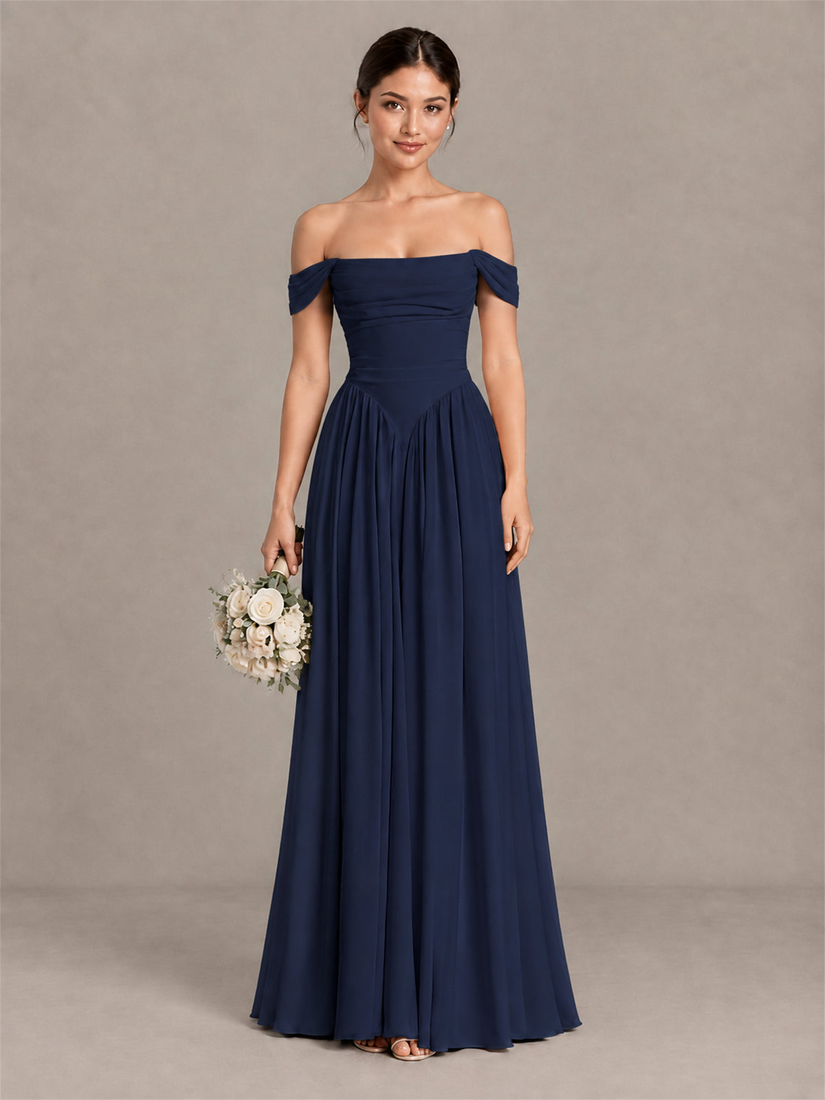 BOLODOO Navy Blue Off-Shoulder Chiffon A-Line Bridesmaid Dress - Navy Blue