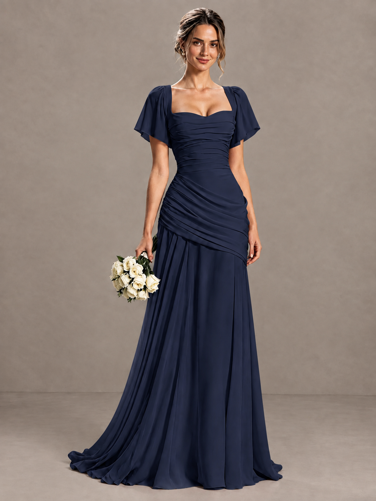 BOLODOO Navy Blue Flutter Sleeve Lace-Up Back Maxi Dress - Navy Blue
