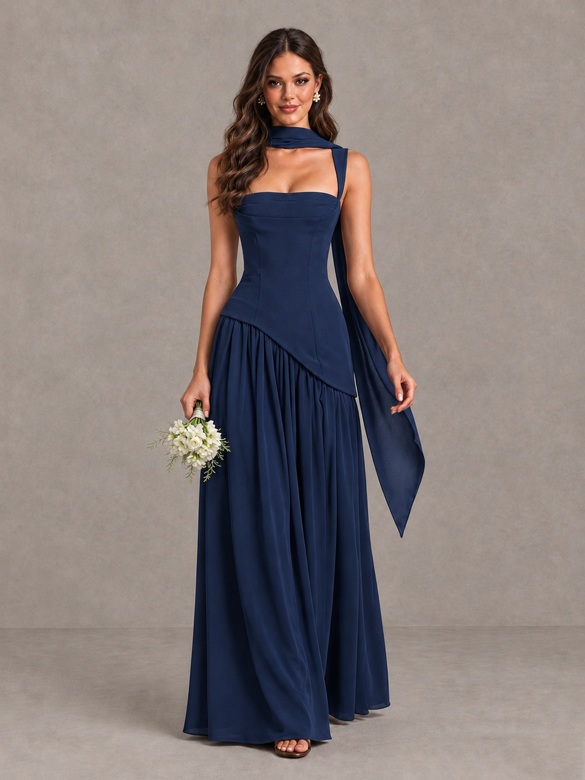 BOLODOO Navy Blue Brown Scarf Bridesmaid Dress with Lace-Up Back - Navy Blue - Navy Blue (1)